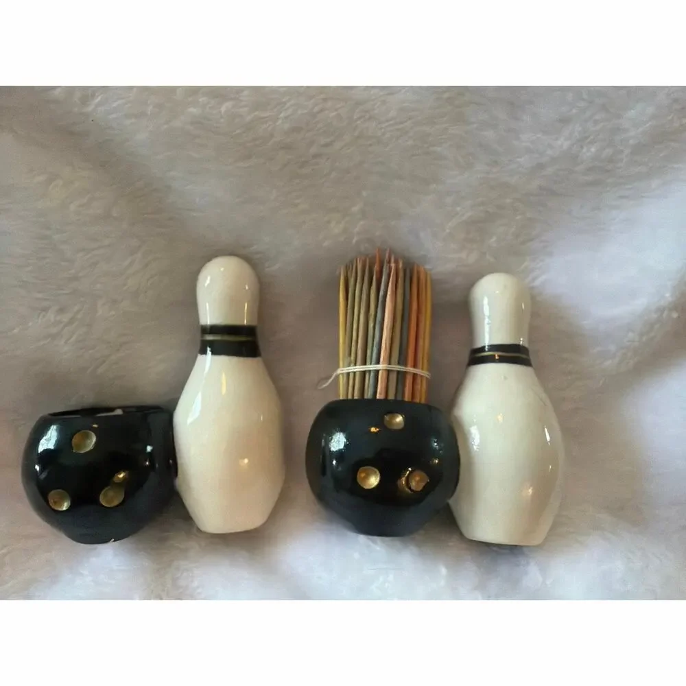 Vintage Enesco Japan Bowling Pin Salt Pepper Shakers Toothpick Holder Set MCM